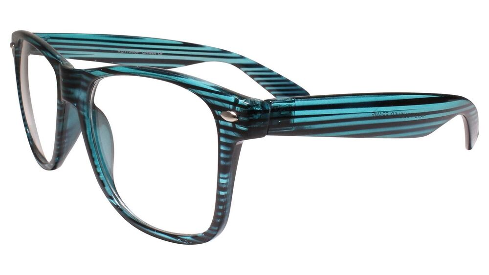 Classic Hipster Retro Stripe Pattern Blue Horn Rimmed Clear Lens Glasses - Picture 4 of 4